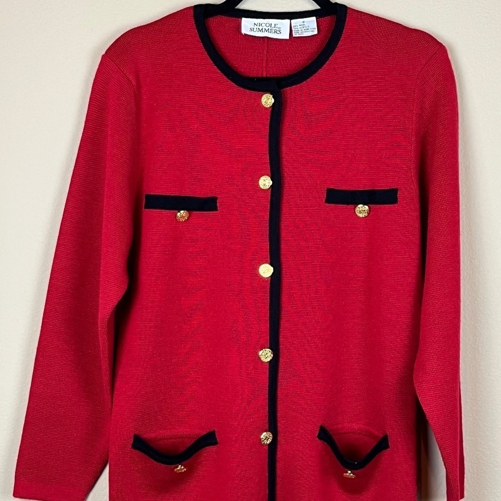 Nicole Summers Red/Black Button Down Sweater Cardigan Gold Buttons; Size S